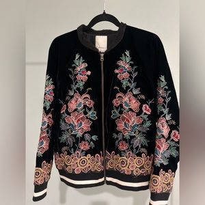 Anthropologie Elevenses Embroidered Velvet Bomber Jacket